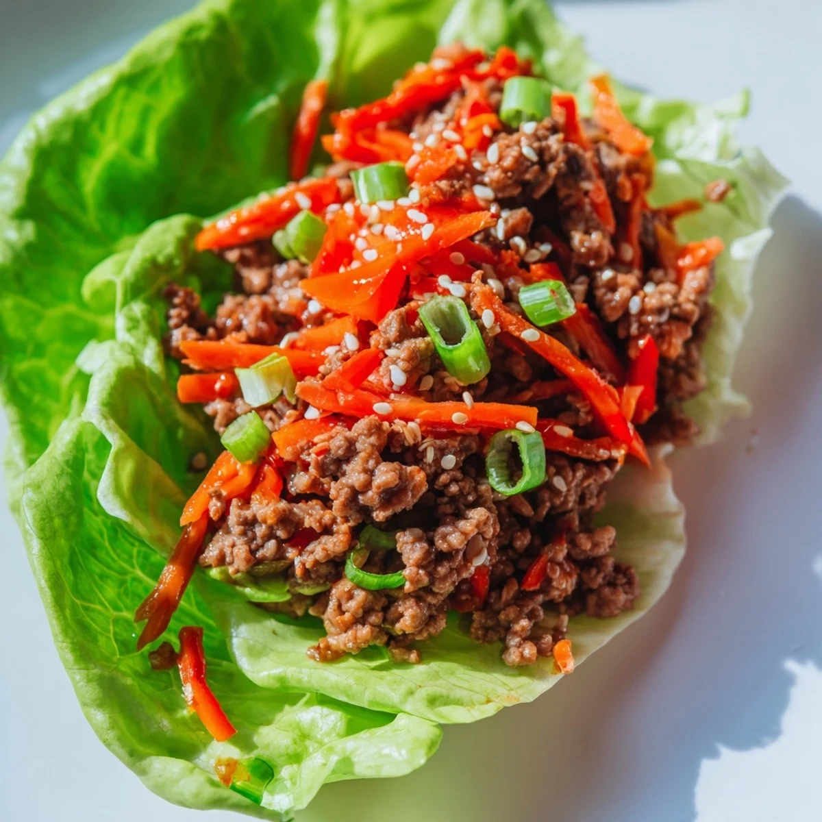 Savory Asian-inspired beef lettuce wraps garnished with green onions and sesame seeds, served family-style for a flavorful, easy weeknight dinner.