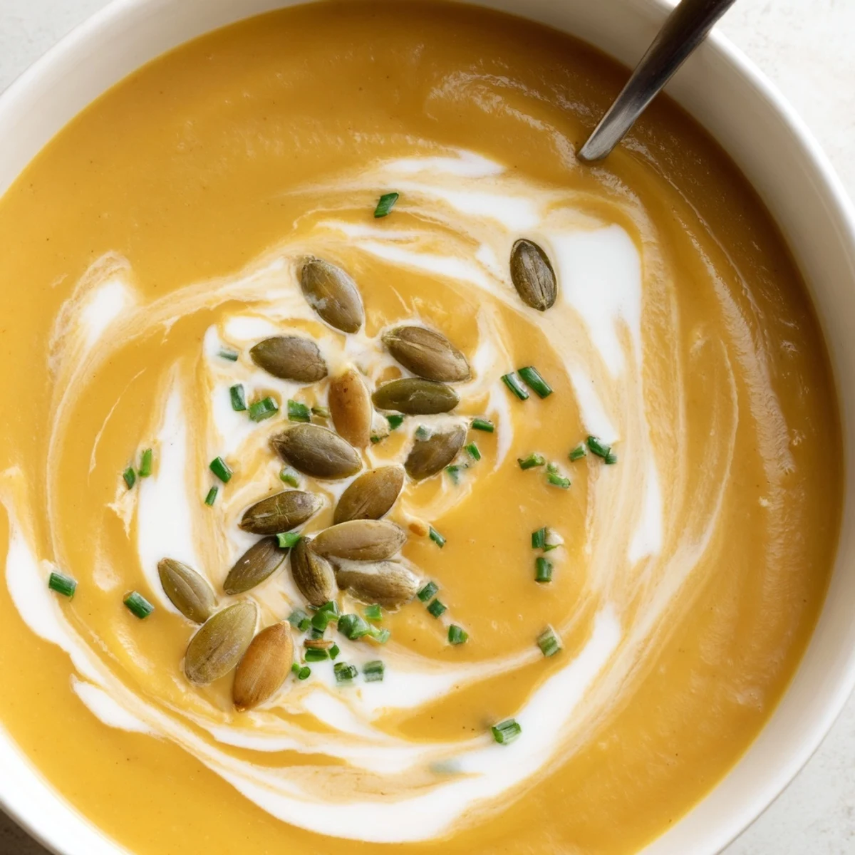 Creamy Winter Squash Soup with Apple in a rustic bowl topped with toasted pumpkin seeds.