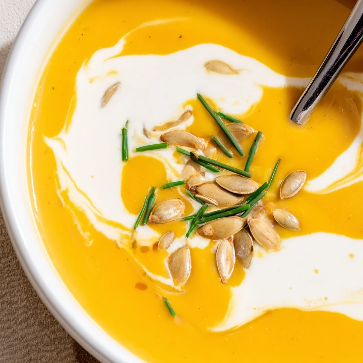 Winter Squash Soup with Apple served beside crusty artisan bread for dipping on a cozy table.