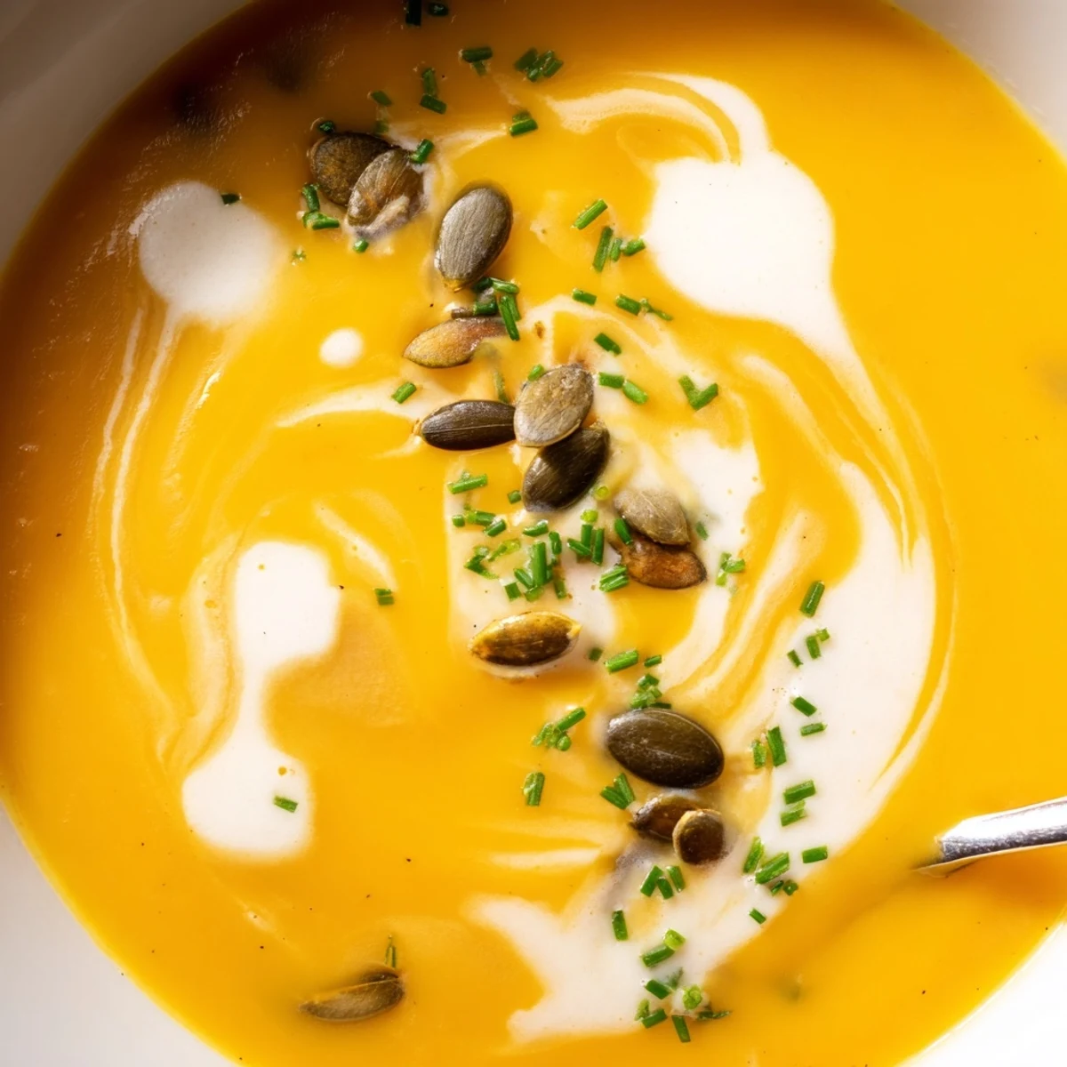 A ladle pours velvety Winter Squash Soup with Apple, steam rising from the bright orange blend.