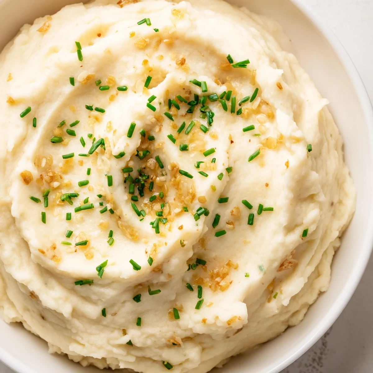 Creamy roasted garlic mashed cauliflower garnished with fresh chives in a white serving bowl.