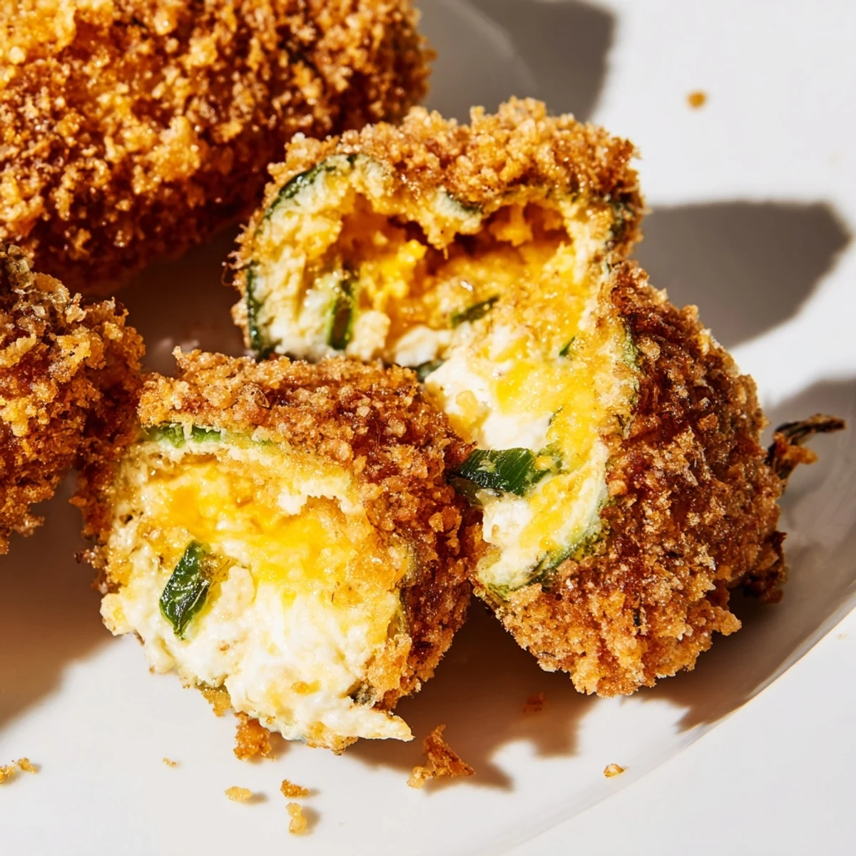 Freshly fried Spicy Jalapeno Poppers with cream cheese and cheddar, garnished with green onions and a side of ranch dip.