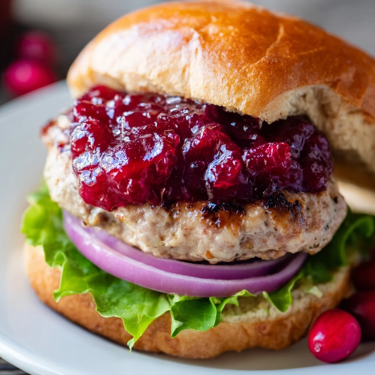 Juicy turkey burgers topped with homemade cranberry sauce, fresh lettuce, and red onion slices.