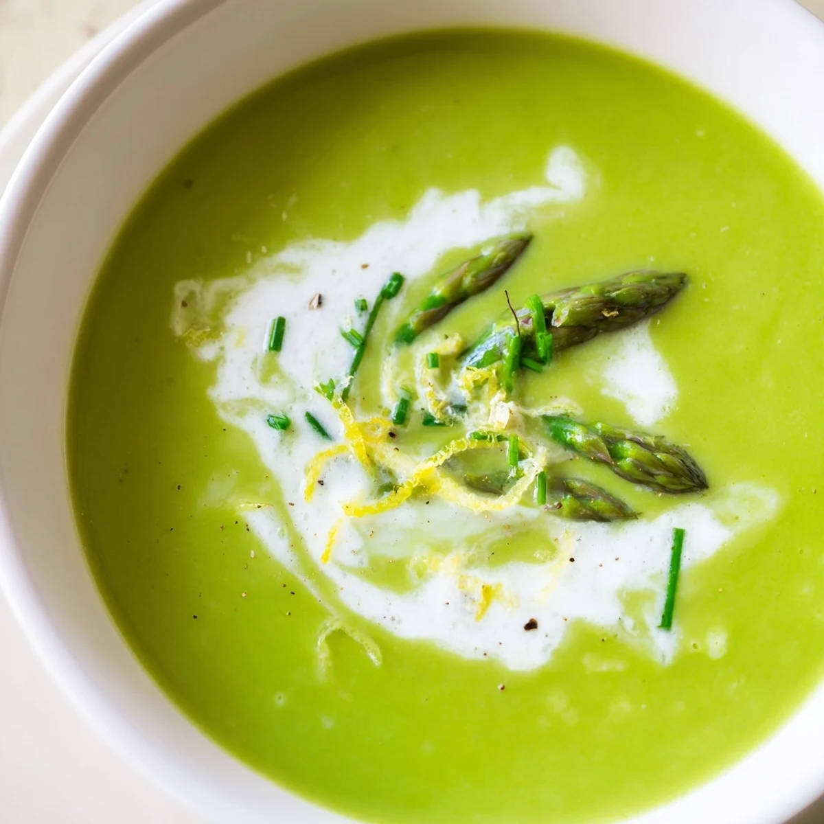 Vibrant green Creamy Asparagus Soup with Lemon blended until silky, with lemon zest and fresh dill garnish.