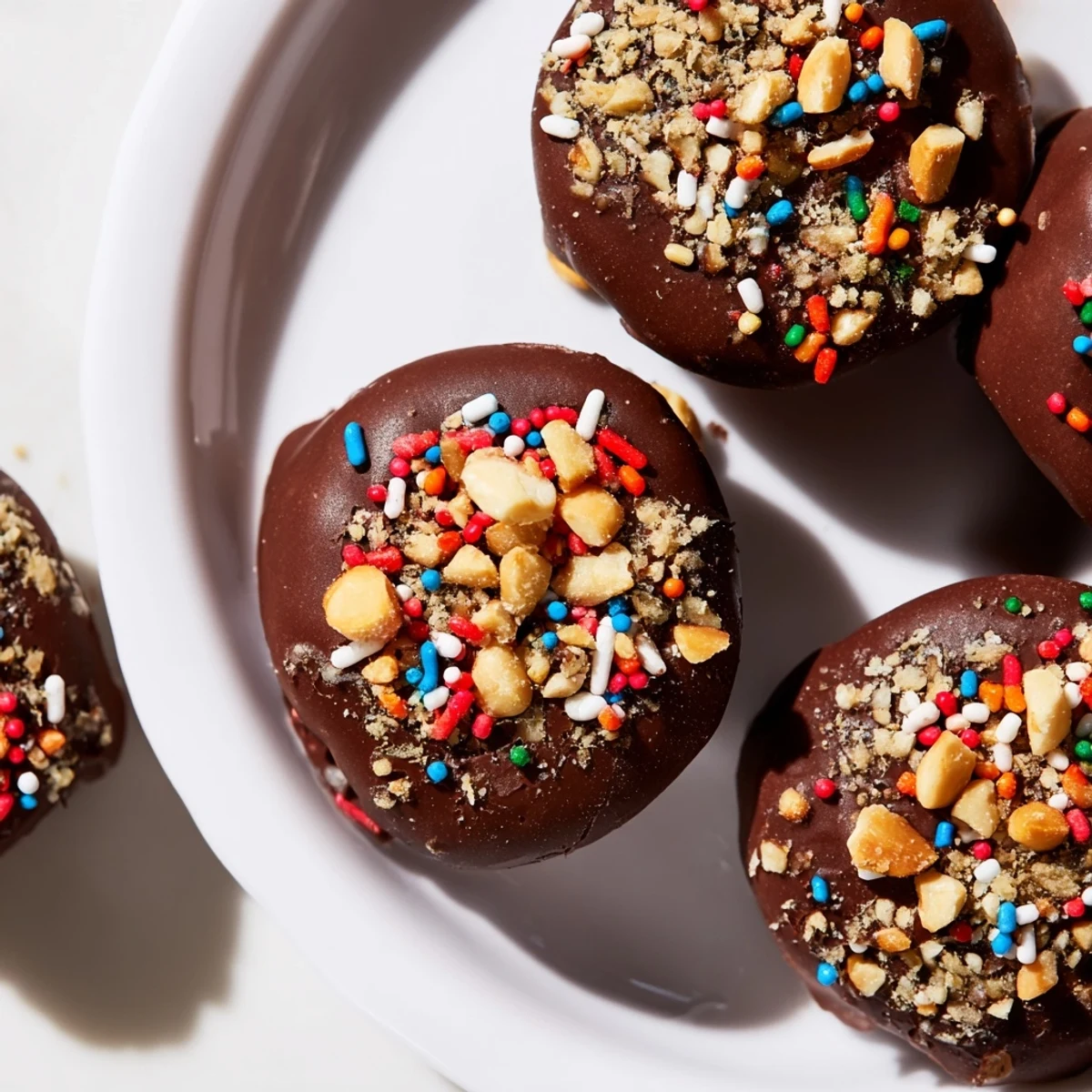 Chocolate Covered Banana Bites frozen on a baking sheet, dipped in rich dark chocolate and sprinkled with crushed peanuts.