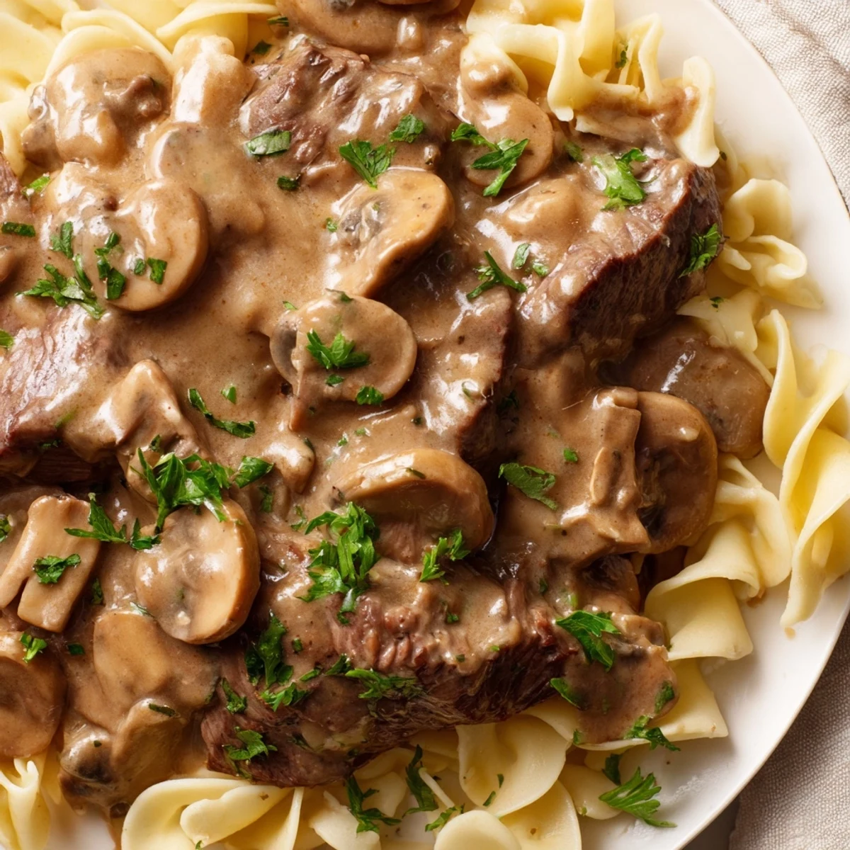 Savory beef stroganoff with mushroom gravy is served over fluffy white rice in a rustic ceramic bowl.