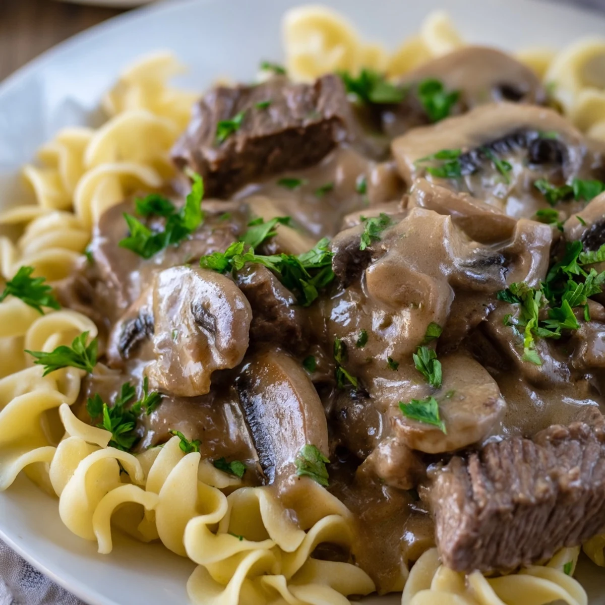 Tender strips of beef and sliced mushrooms are coated in a creamy, rich sauce, garnished with fresh parsley.