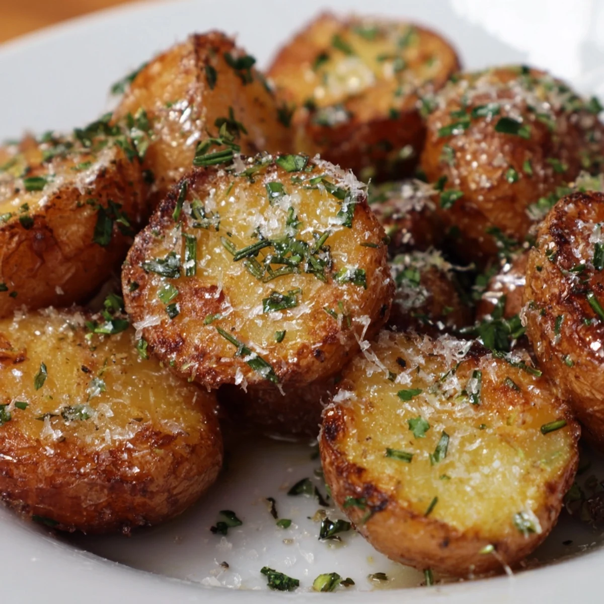 Platter of Garlic Herb Roasted Potatoes with Rosemary tossed with fresh parsley, served alongside grilled chicken for dinner.