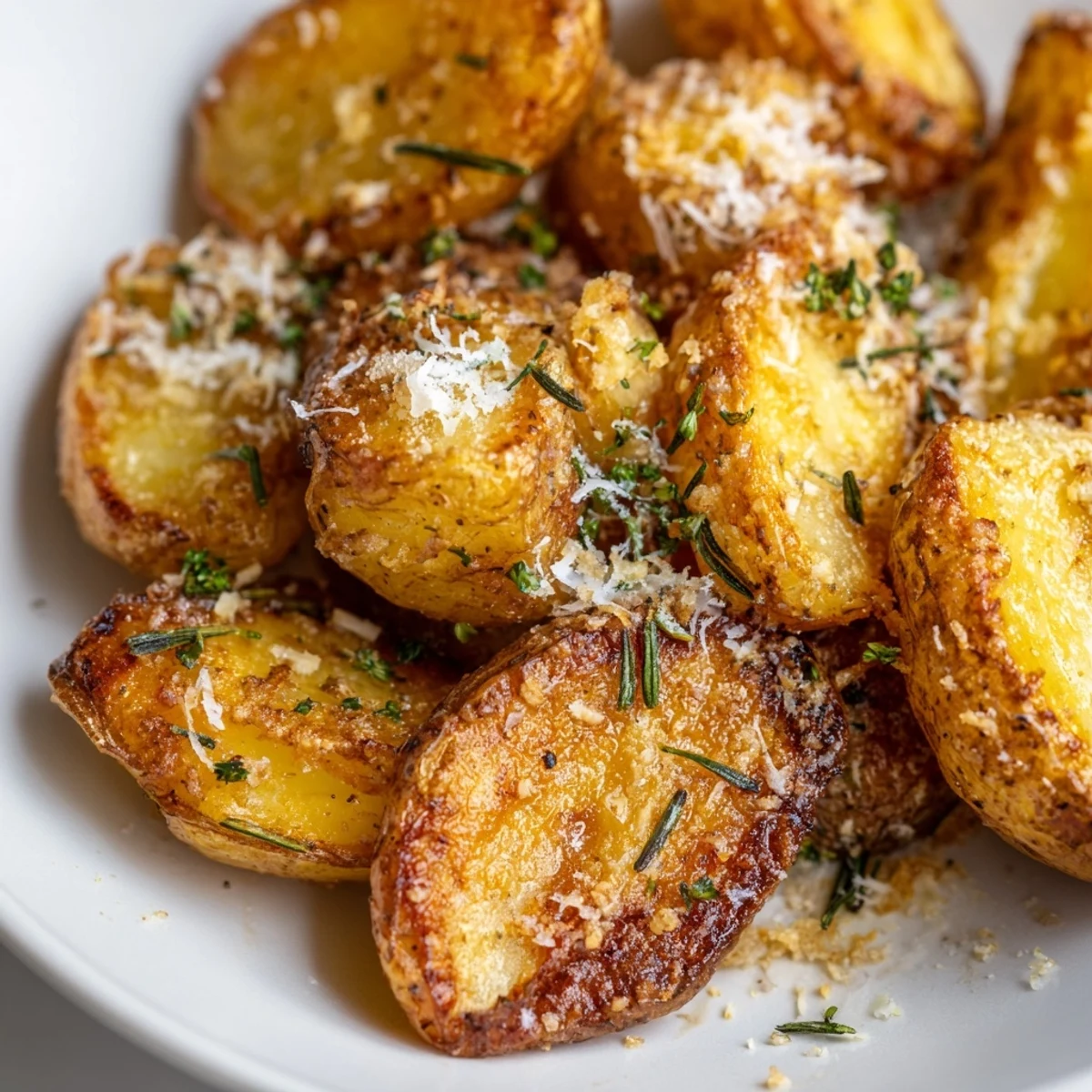 Golden brown Garlic Herb Roasted Potatoes with Rosemary fresh from the oven, showing crispy edges and fluffy centers.