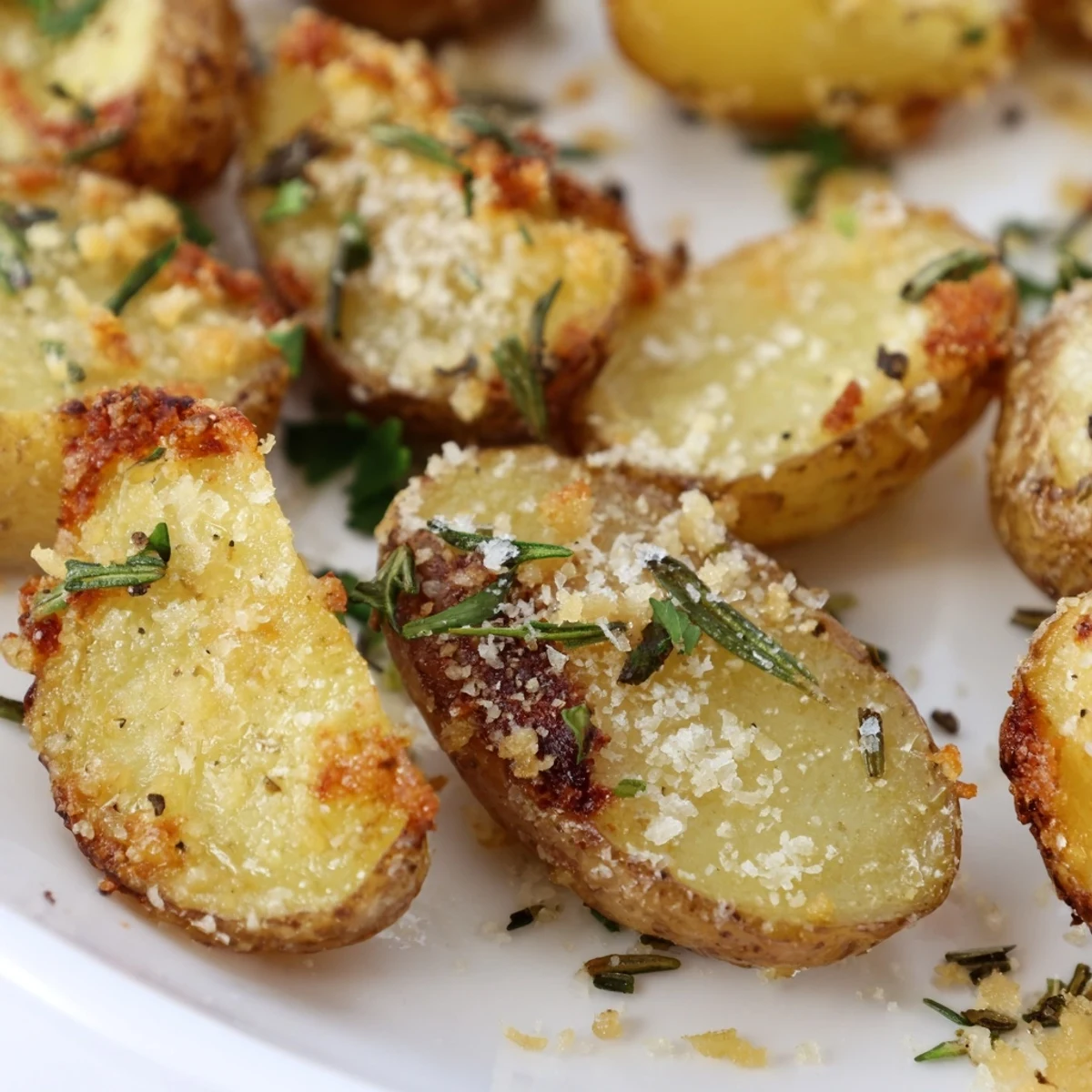 Seasoned raw baby potatoes ready for roasting, tossed in olive oil, minced garlic, and chopped fresh rosemary.