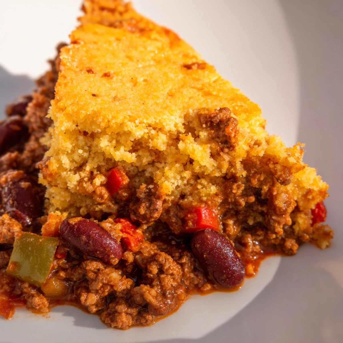 Freshly baked Beef Chili with Kidney Beans and Cornbread Topping in a white dish, showcasing the golden, crumbly crust and rustic spoon.
