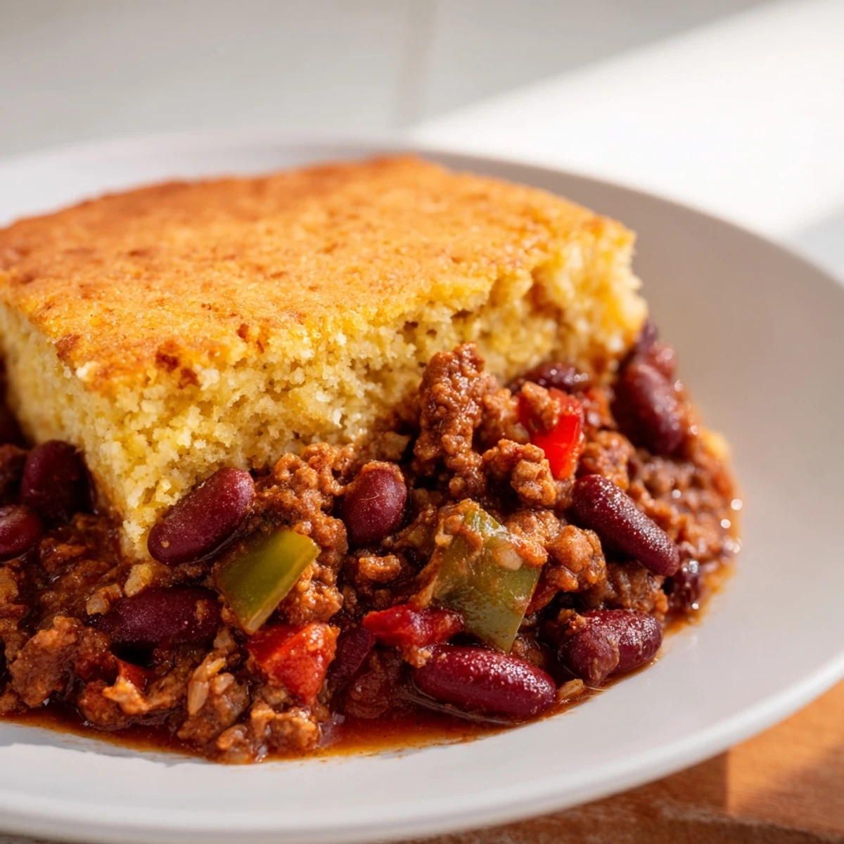 Comforting Beef Chili with Kidney Beans and Cornbread Topping is garnished with sour cream and cilantro, ready for a cozy weeknight family dinner.