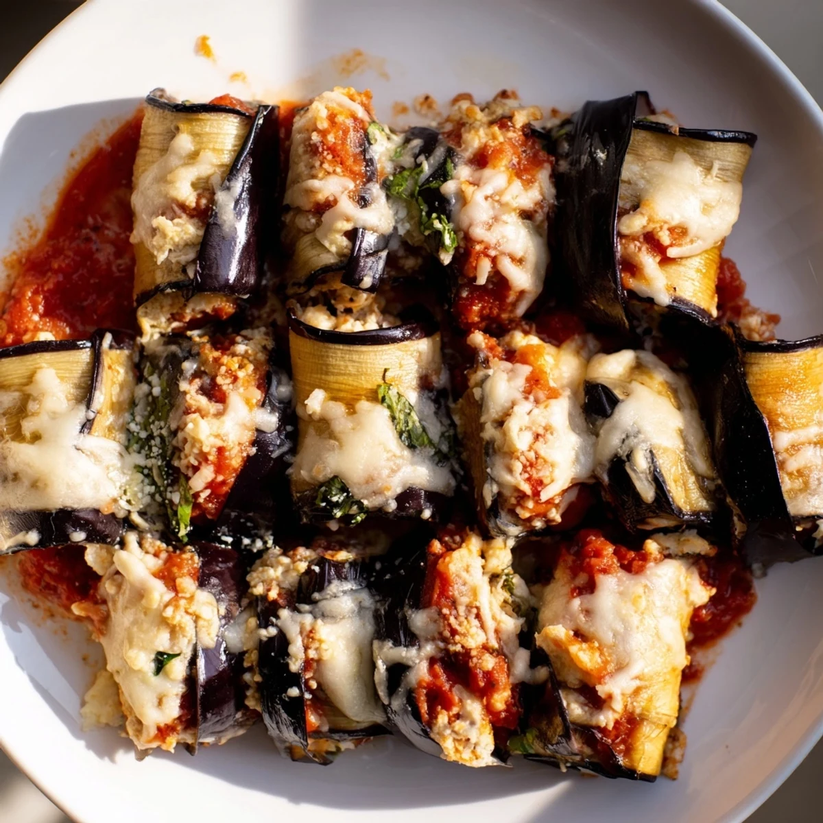 Golden-brown Baked Eggplant Rollatini with Ricotta and Marinara bubbling in a ceramic dish, garnished with fresh basil leaves.