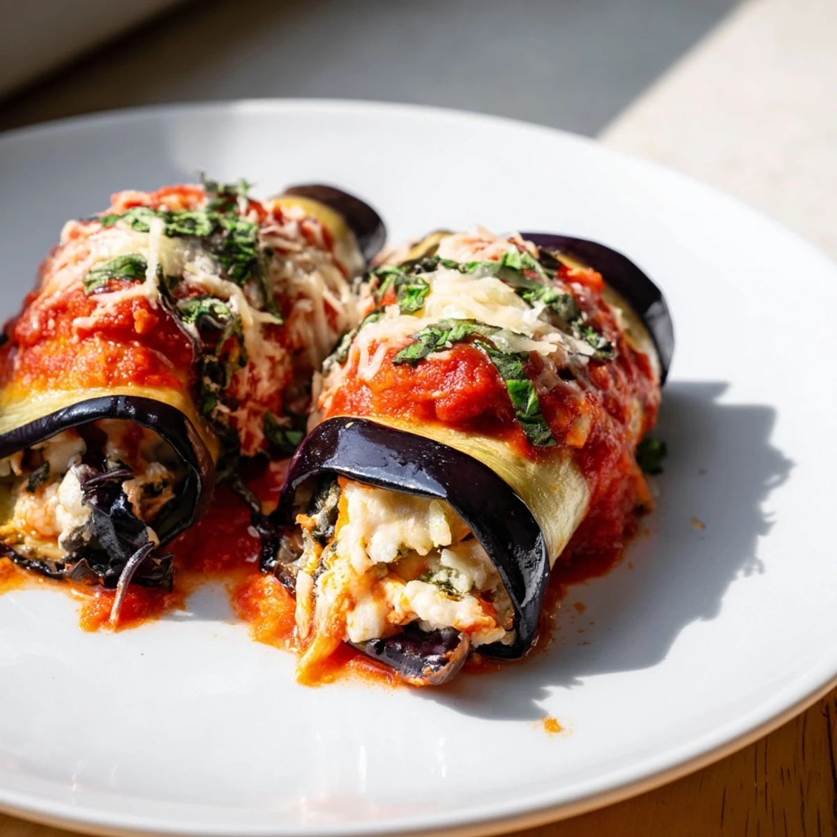 Savory Baked Eggplant Rollatini with Ricotta and Marinara topped with melted mozzarella, ready to serve with a crisp green salad.
