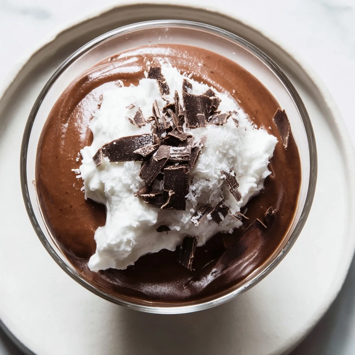Creamy Chocolate Avocado Mousse topped with fluffy coconut cream and shaved chocolate in a glass.