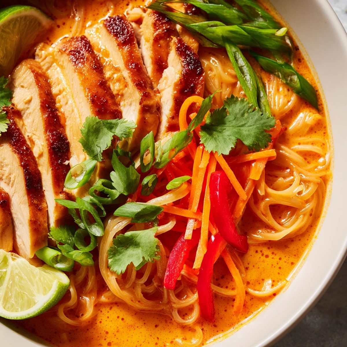 A hearty bowl of Thai Red Curry Noodle Soup featuring tender grilled chicken slices, red peppers, and silky rice noodles.