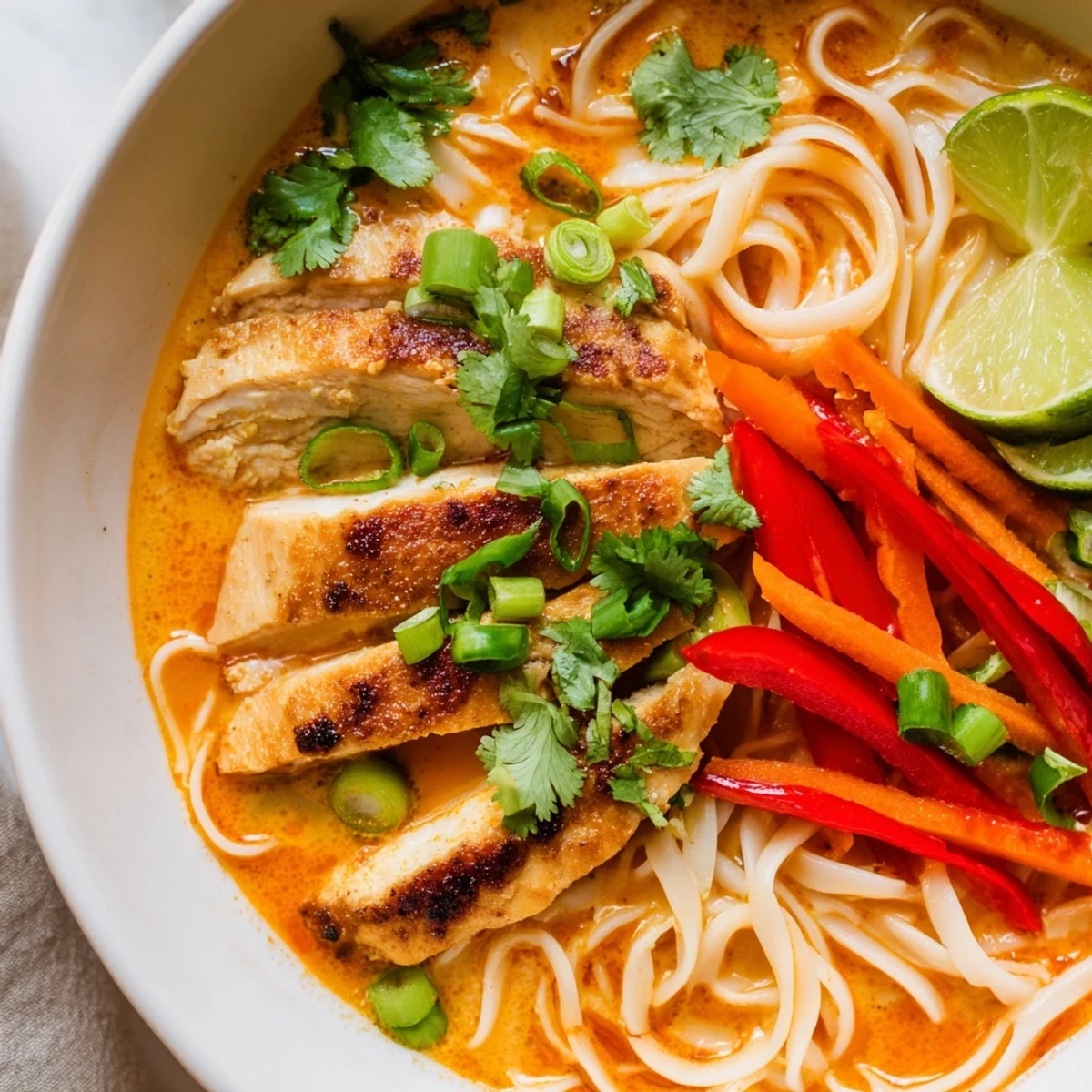 Steaming Thai Red Curry Noodle Soup with lime wedges and green onions, served as a comforting dairy-free main dish.