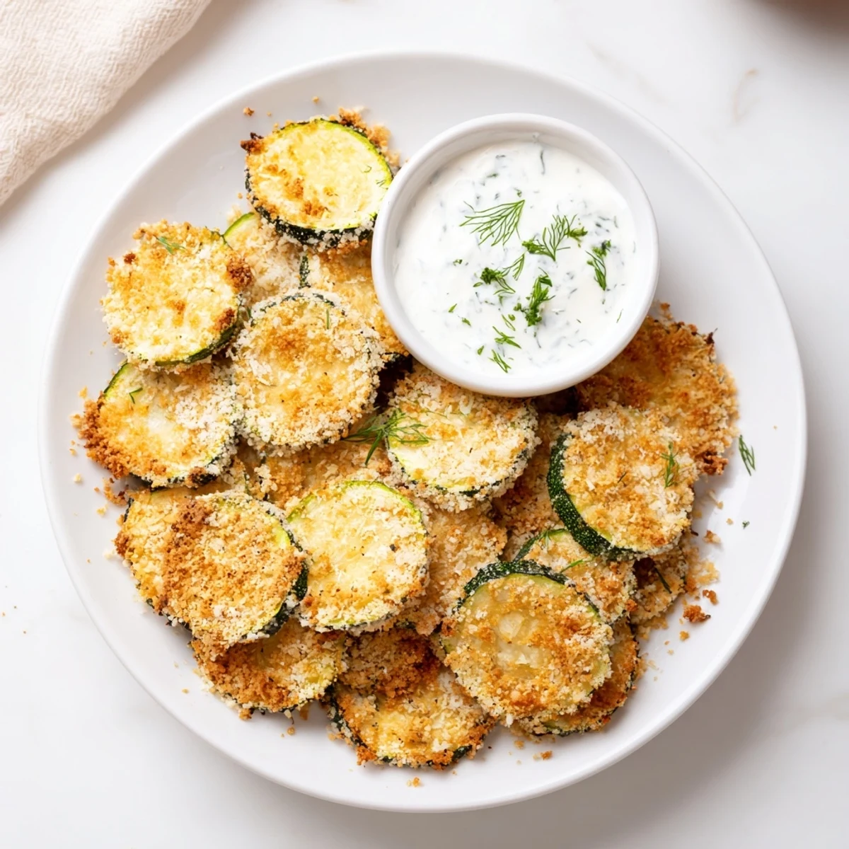 Crispy Zucchini Chips with Dip on a rustic wooden platter, featuring baked zucchini slices and a cool, dill-infused dip ready for snacking.