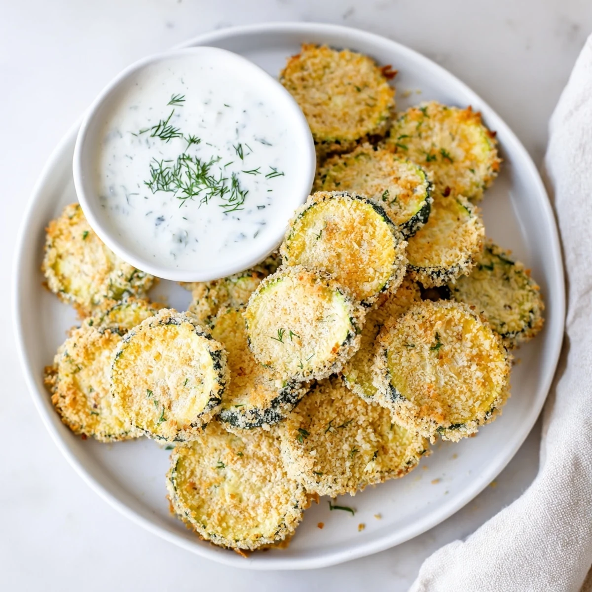 A close-up of golden Crispy Zucchini Chips with Dip, highlighting the crunchy breading and a bowl of creamy, tangy yogurt dip.