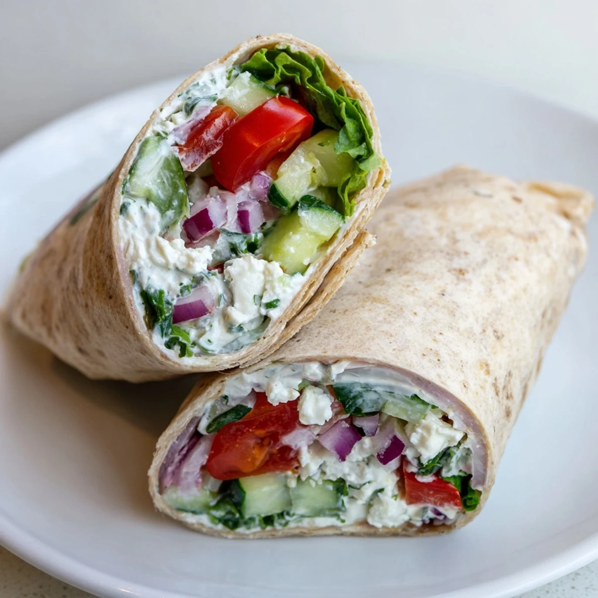 Fresh Mediterranean Sandwich Wrap with Veggies sliced in half on a wooden board, showcasing colorful diced cucumber and red onion.