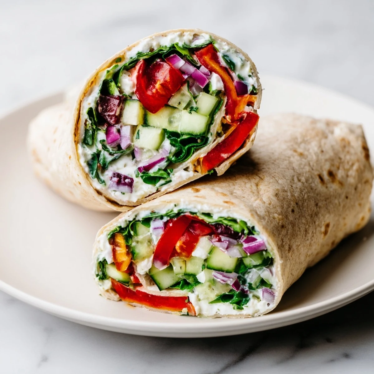 Four Mediterranean Sandwich Wrap with Veggies arranged on a platter with lemon wedges and a small bowl of extra sauce.