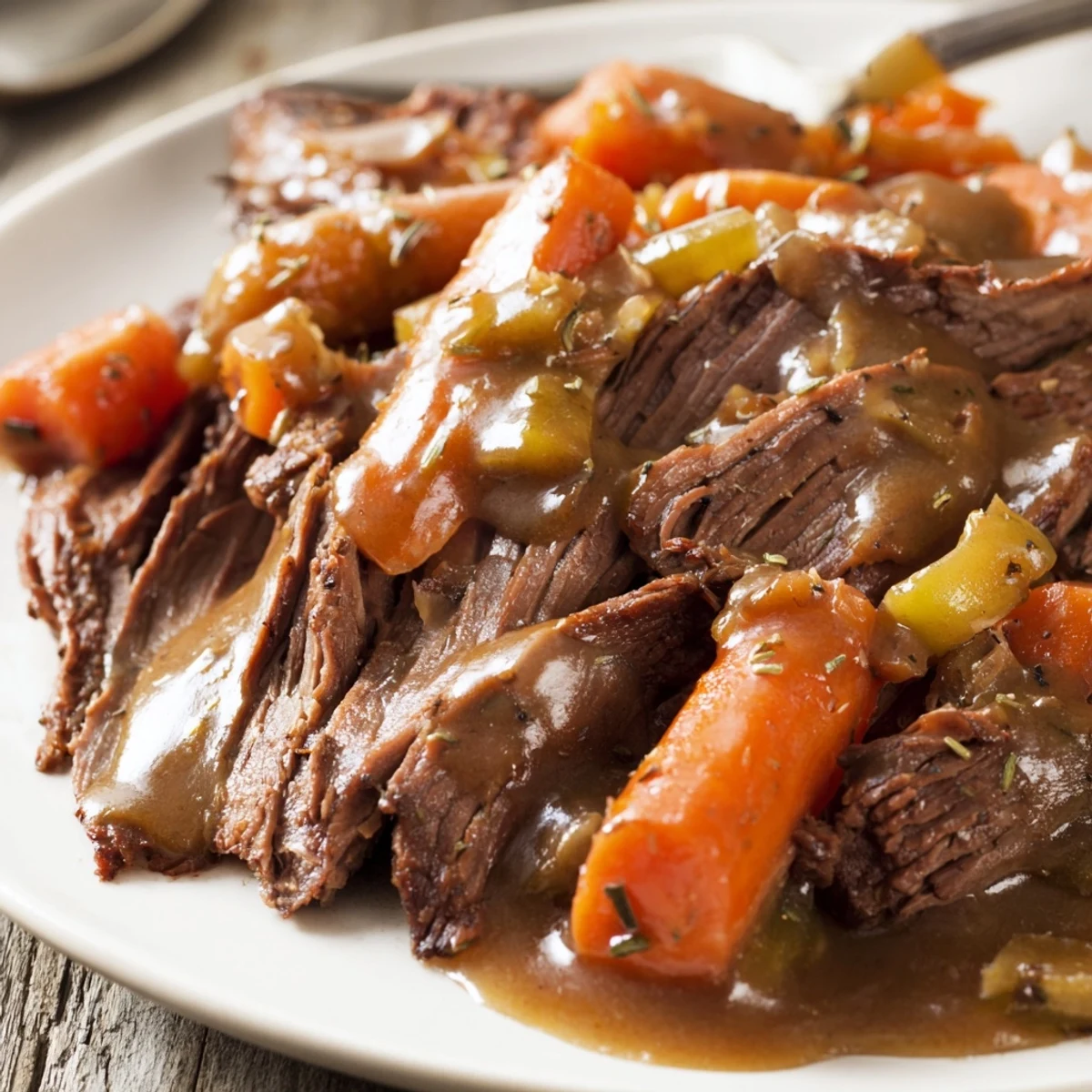 Slow Cooker Roast Beef with Gravy is tender and juicy, sliced and served over creamy mashed potatoes with a rich, dark gravy spooned on top.