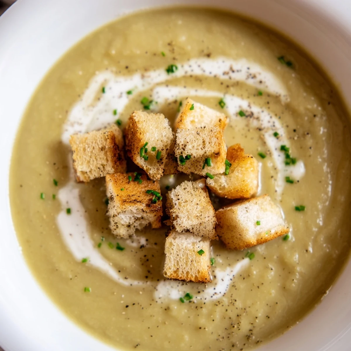 A warm bowl of Creamy Broccoli Soup with Croutons, topped with golden, crunchy bread cubes and fresh chives.