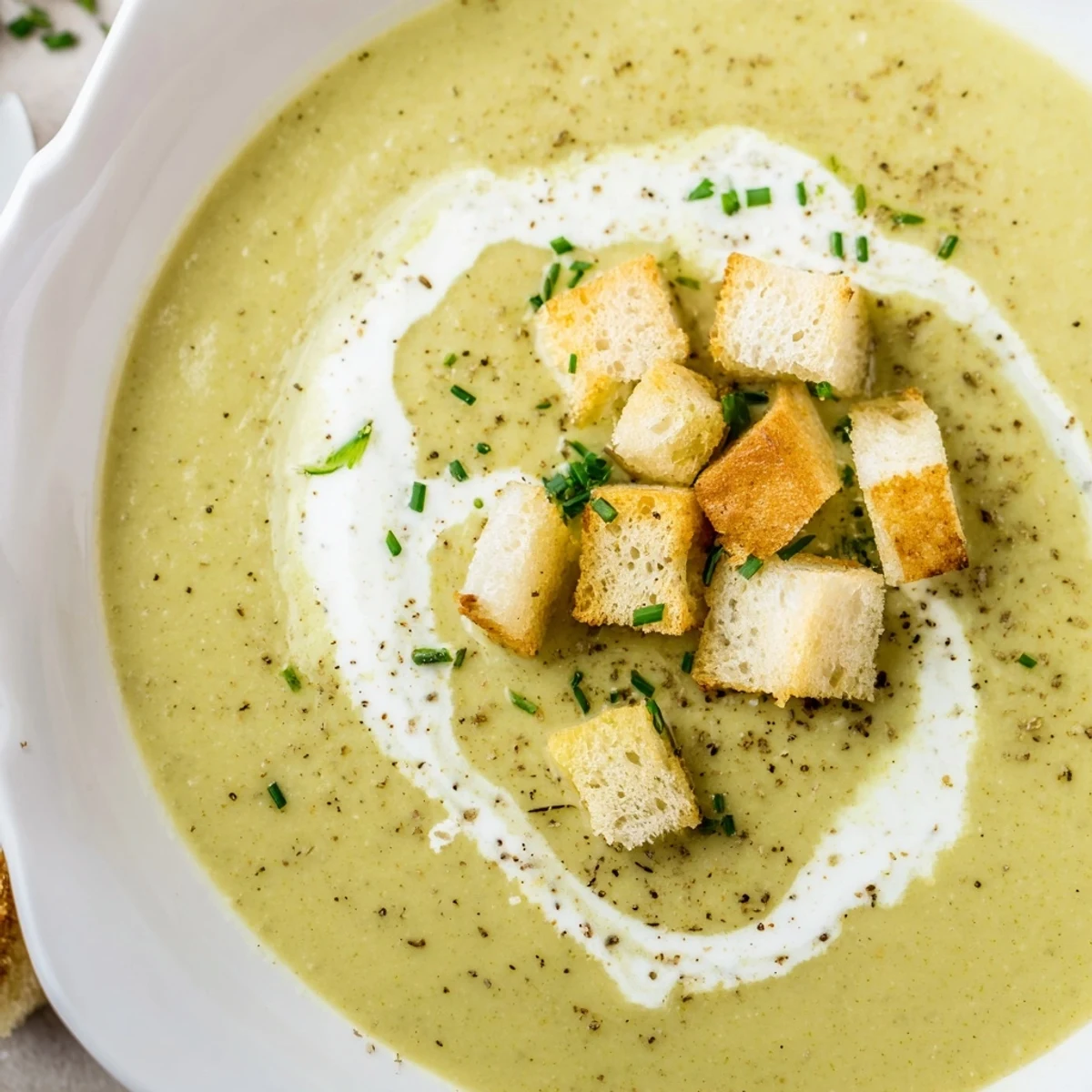 Creamy Broccoli Soup with Croutons served in a rustic bowl, featuring a velvety green texture and a drizzle of olive oil.