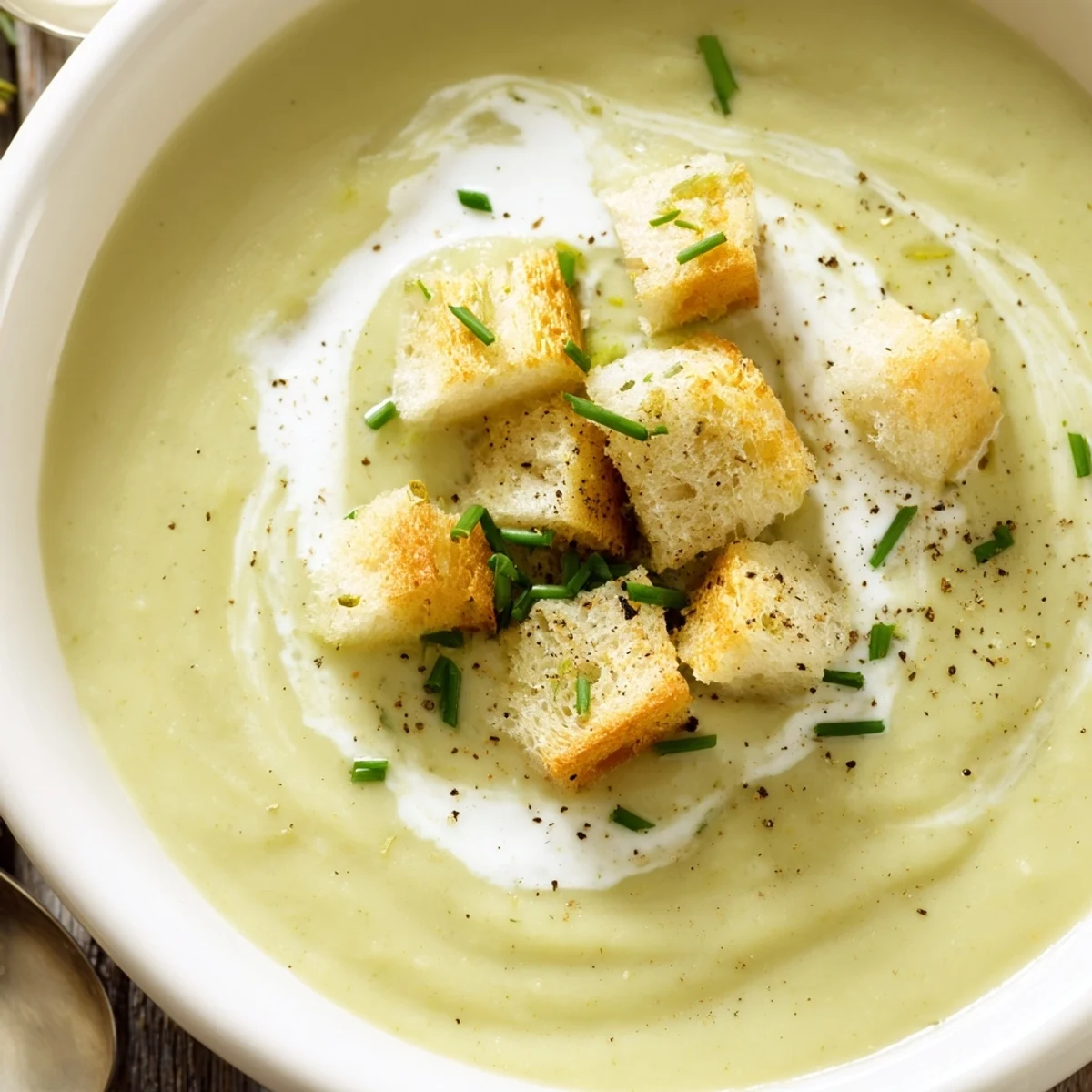 Rich Creamy Broccoli Soup with Croutons, garnished with herbs, ready to be enjoyed alongside a glass of white wine.