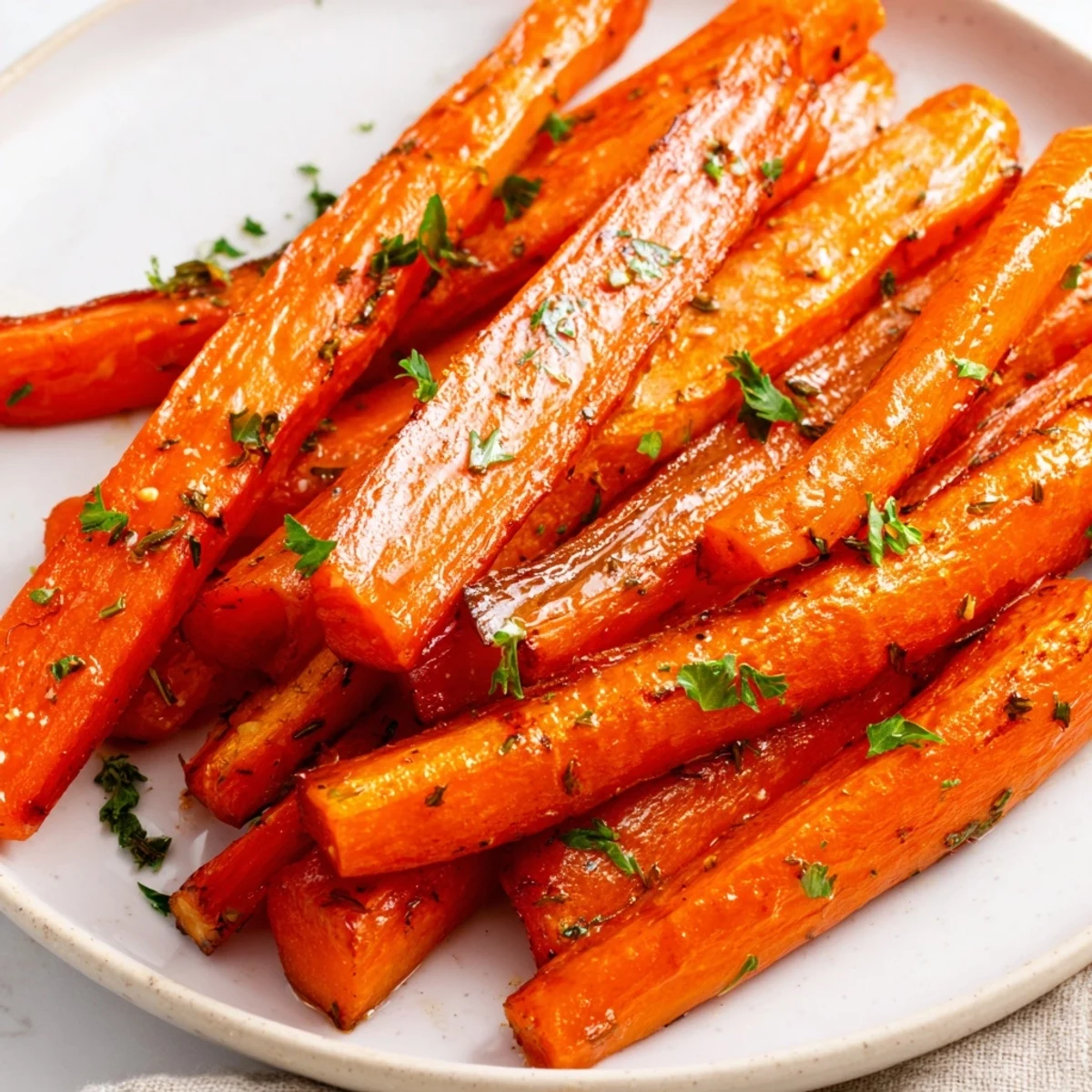 Herb-coated Roasted Carrot Sticks with Herbs on a rustic platter, paired with creamy dip for a savory side.