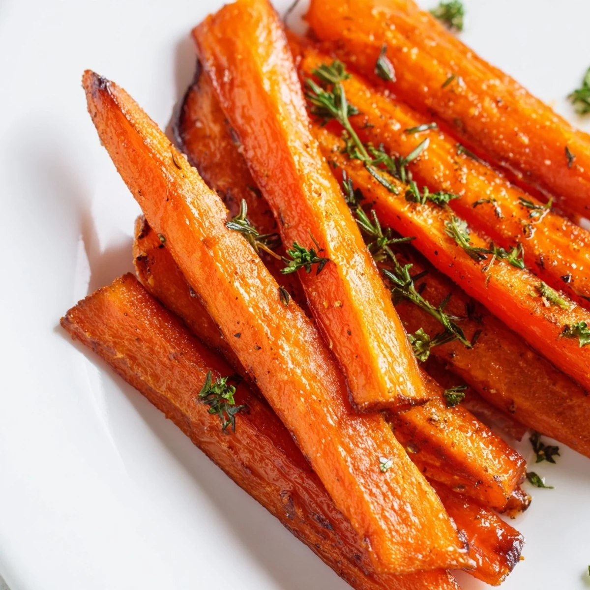 Tender orange Roasted Carrot Sticks with Herbs roasted until caramelized, topped with fresh parsley and served warm.
