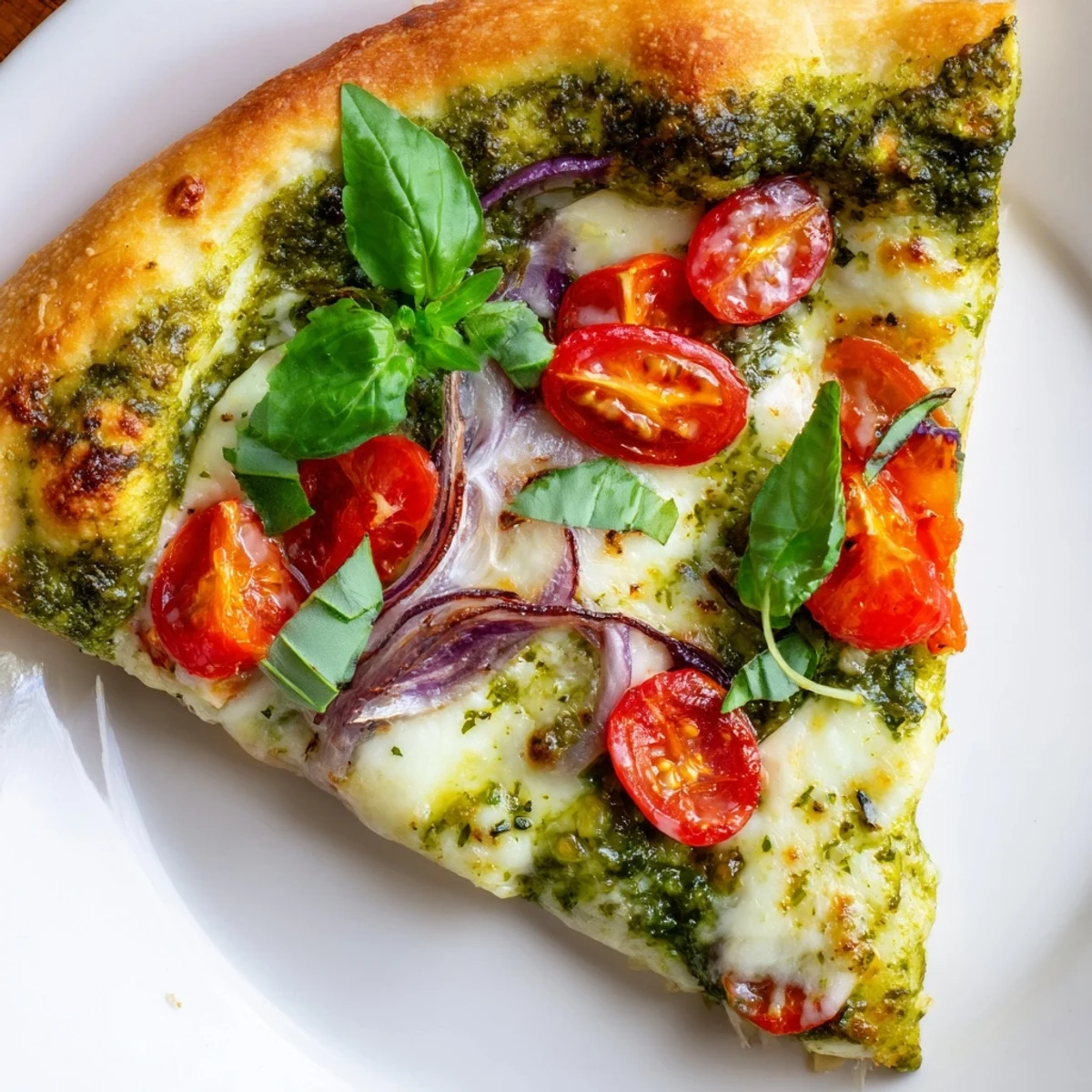 Freshly baked Green Pesto Pizza with Mozzarella features bubbly cheese, vibrant green pesto, and a sprinkle of fresh basil leaves on a rustic counter.