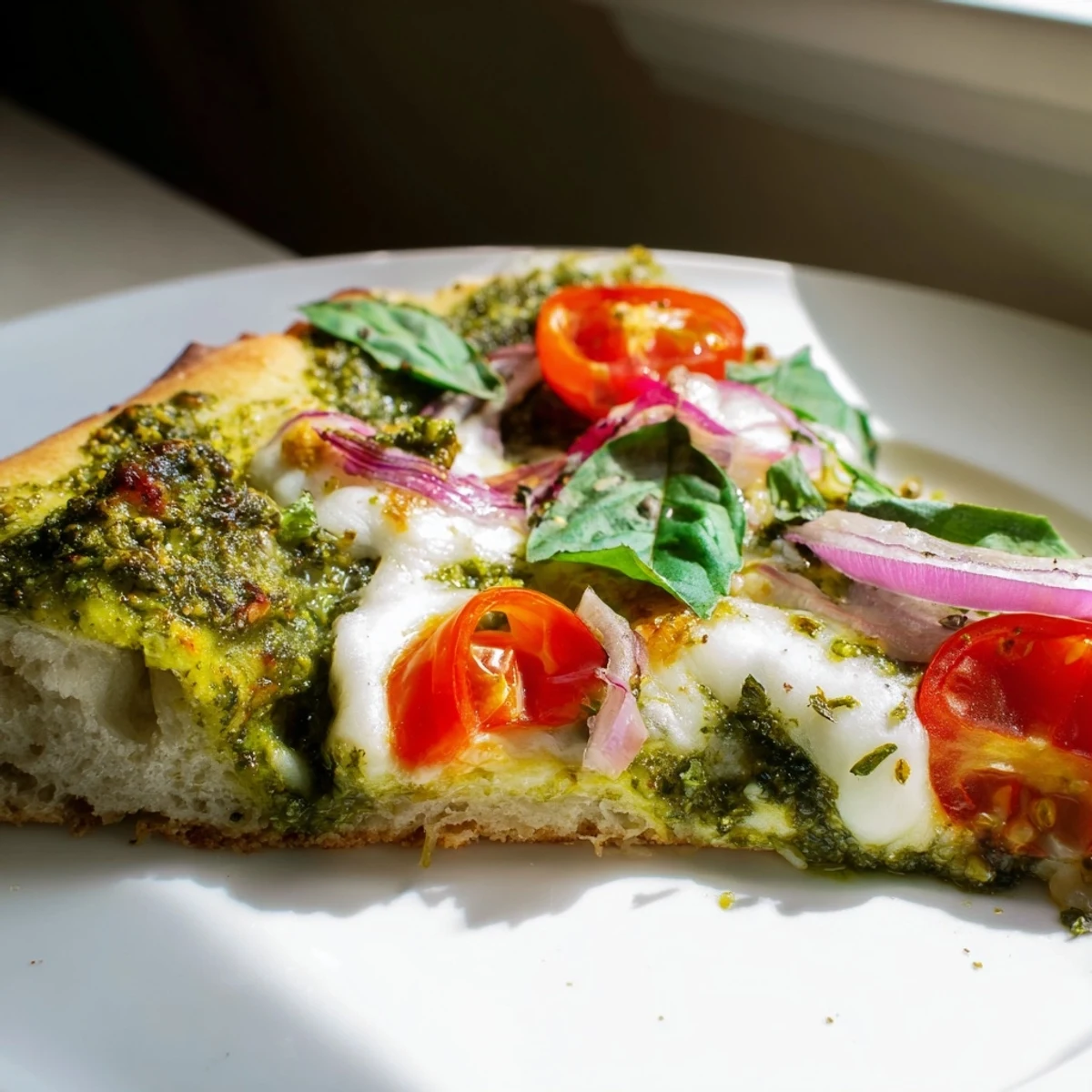 A close-up of a golden Green Pesto Pizza with Mozzarella, topped with halved cherry tomatoes and red onions, served on a wooden board.