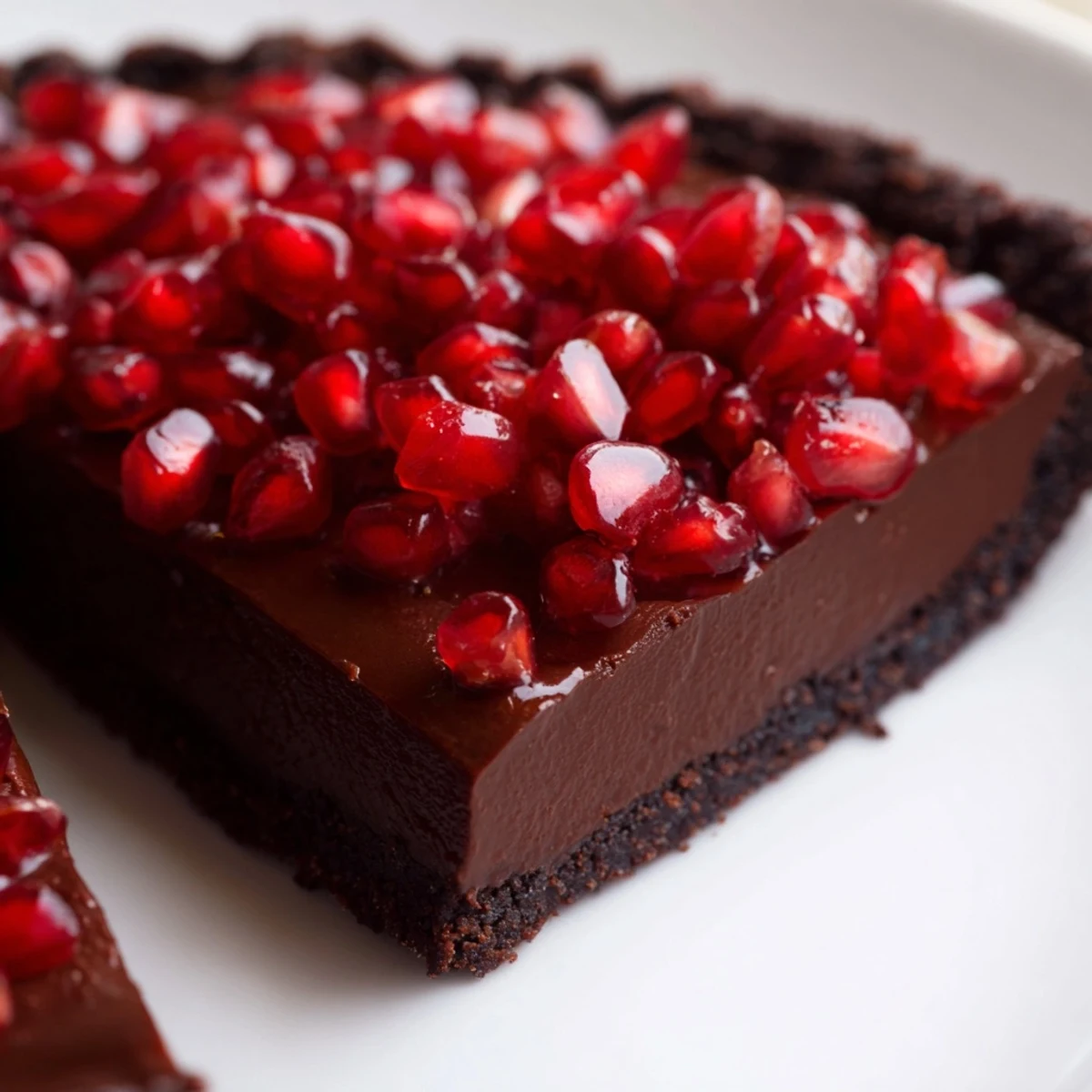 Ruby red pomegranate arils crown this decadent dessert, adding a jewel-like burst of sweet tartness.  