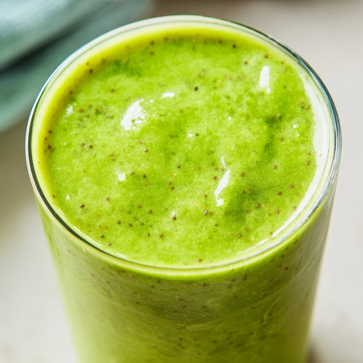 A top-down view of a frosty Green Smoothie with Kiwi and Spinach, with a straw and fresh fruit garnish on a rustic wooden table.