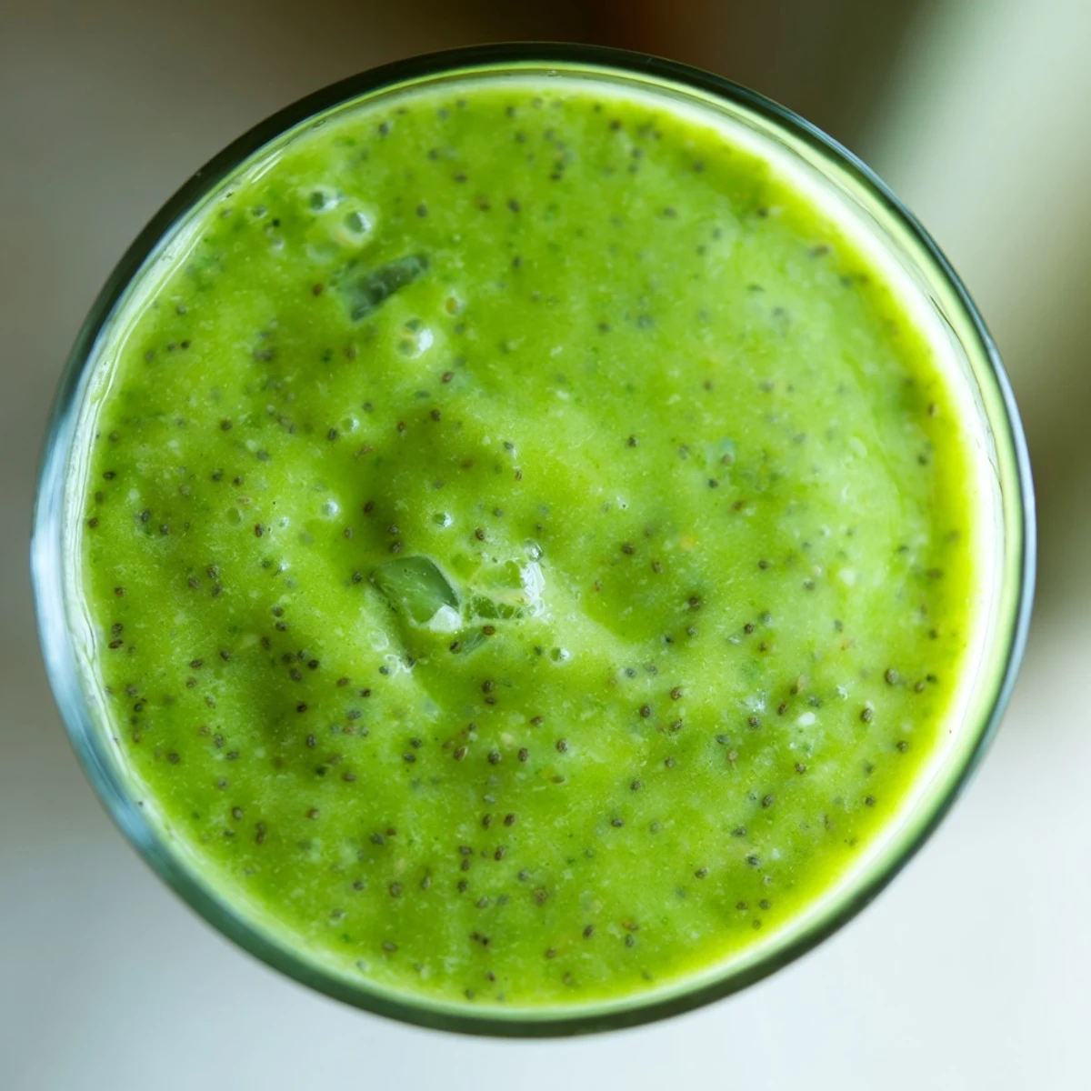 Served chilled, this Green Smoothie with Kiwi and Spinach features a creamy, bright green texture from the blended spinach and sweet banana.