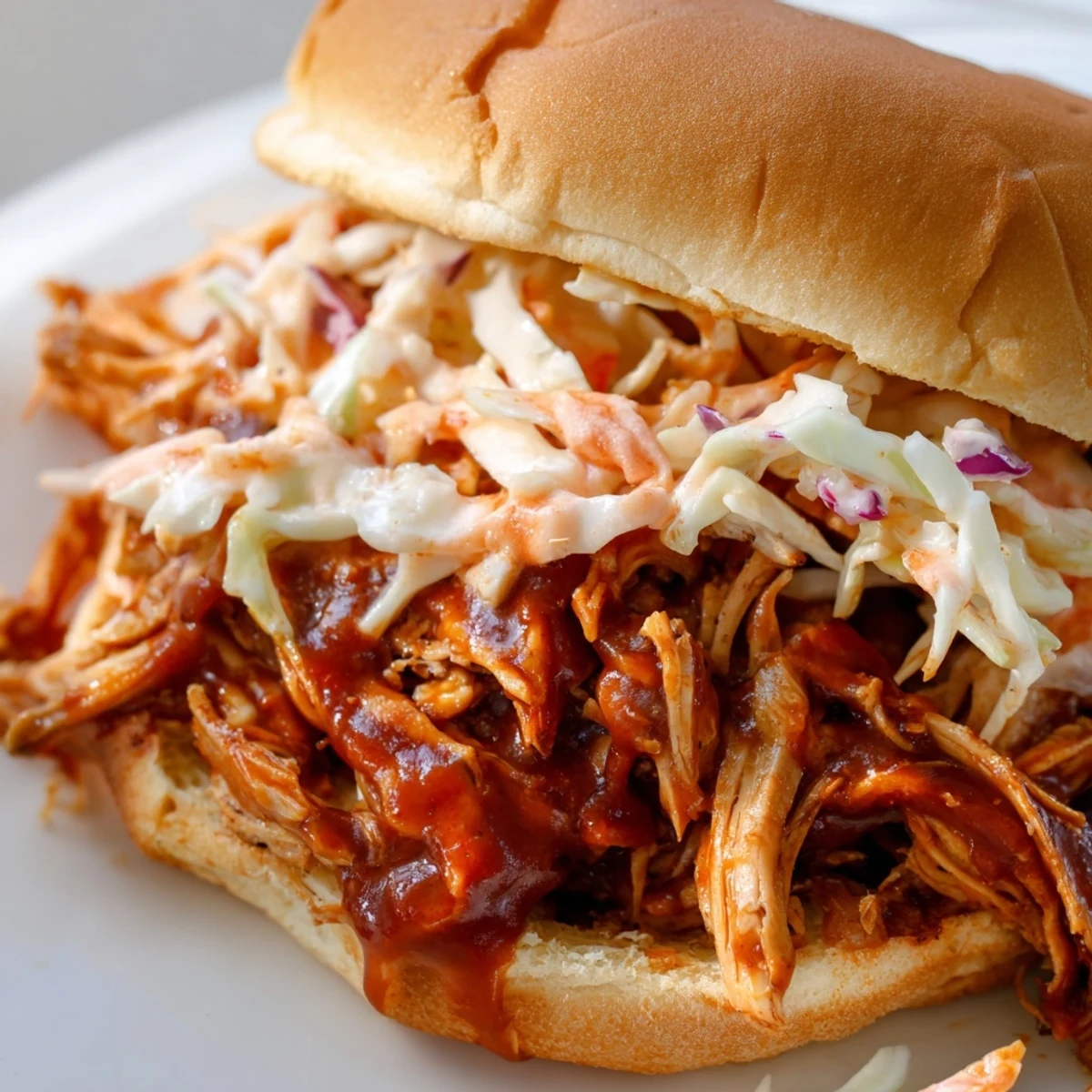 MVP BBQ Pulled Chicken Sandwiches piled high with tender shredded meat and crisp coleslaw on soft toasted buns.