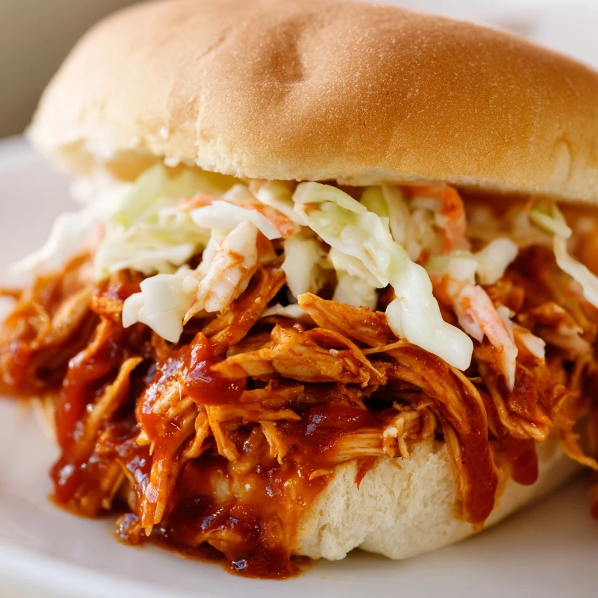 MVP BBQ Pulled Chicken Sandwiches served warm with smoky sauce and crunchy pickles on a plate, ready to eat.