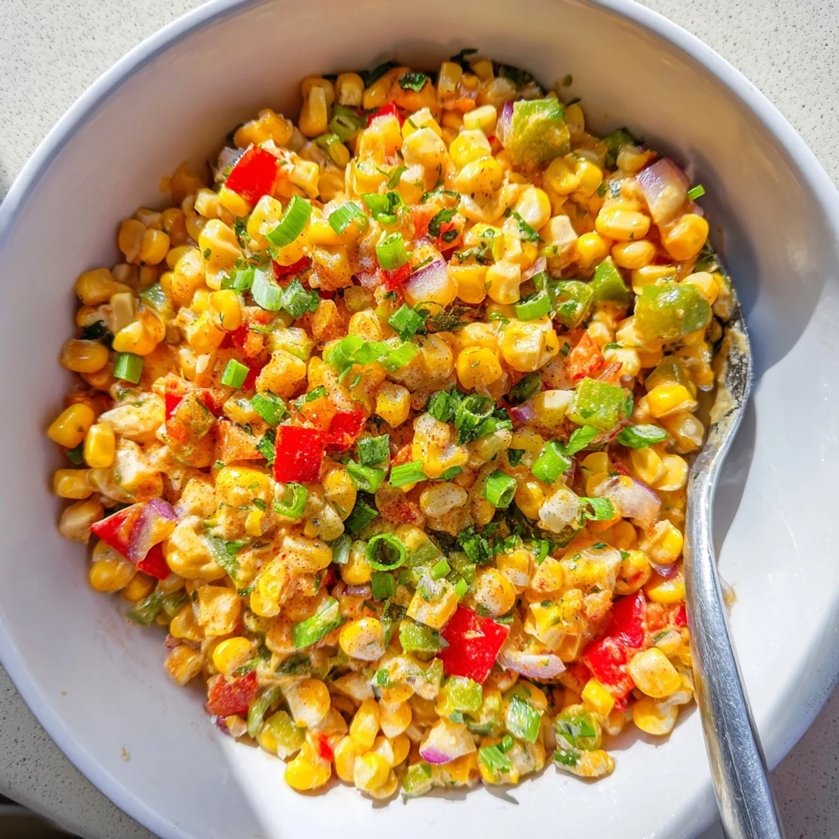 Golden-yellow Mardi Gras Maque Choux Corn studded with diced red and green bell peppers, sautéed in a skillet with Cajun spices and fresh parsley garnish.