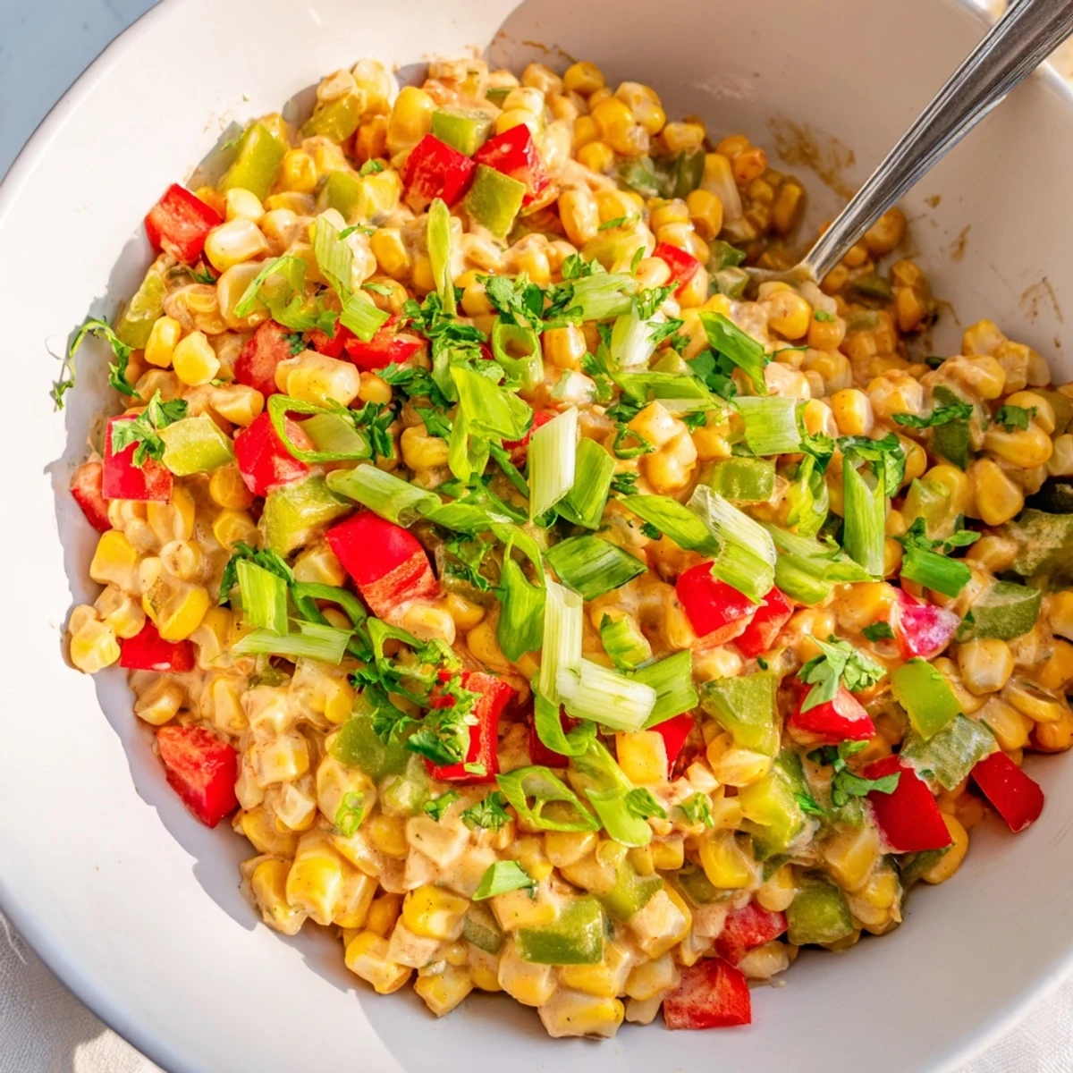 A bowl of Louisiana-style Maque Choux Corn featuring sweet corn kernels, colorful peppers, and onions, served hot as a festive vegetarian side dish.