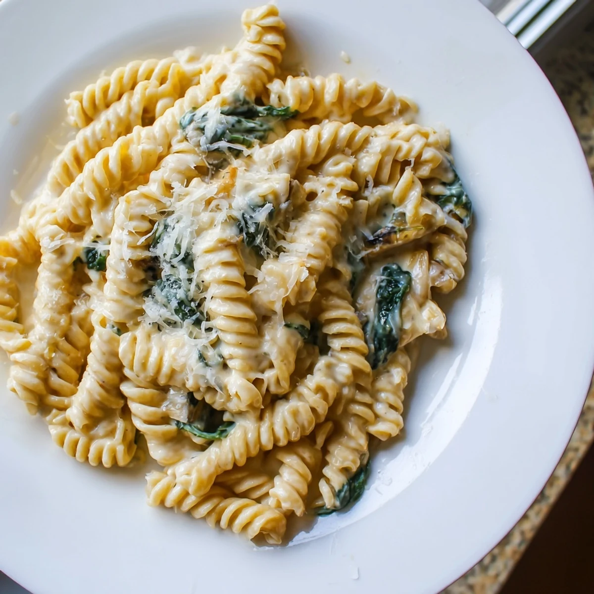 Creamy Spinach and Cheese Pasta twirled in a white bowl, steam rising from velvety sauce.