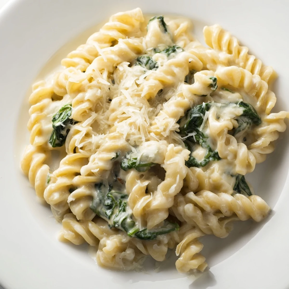 Fork twirls through Creamy Spinach and Cheese Pasta, with Parmesan and wilted greens.