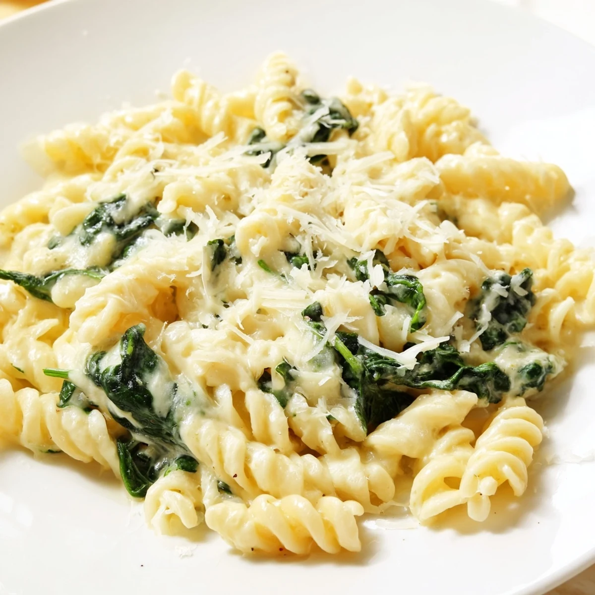 Skillet of Creamy Spinach and Cheese Pasta beside a glass of crisp white wine.