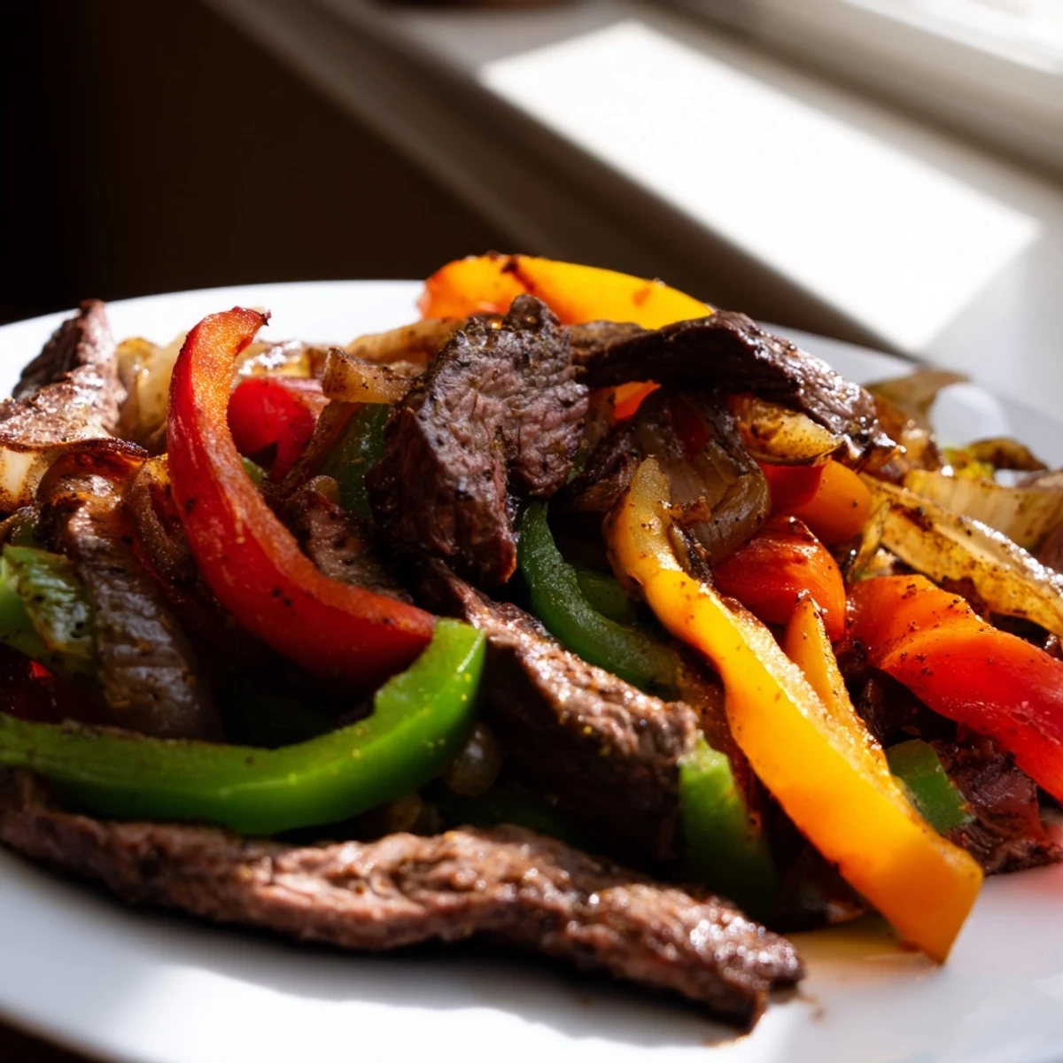 A sizzling skillet of Beef Fajita Skillet with tender beef, onions, and colorful peppers in a spicy aroma.  