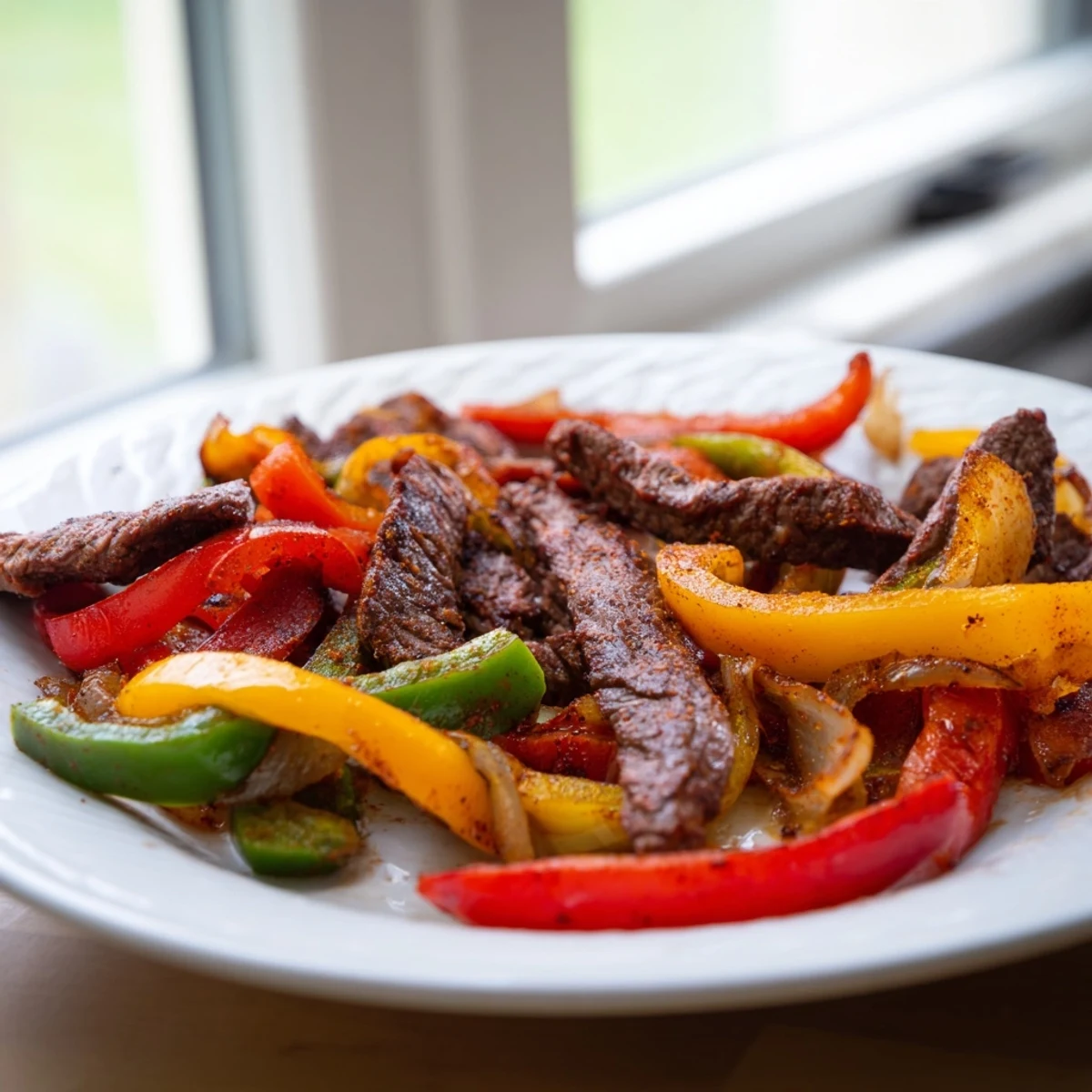 Ready-to-serve Beef Fajita Skillet piled high on a plate beside warm corn tortillas and fresh salsa.  