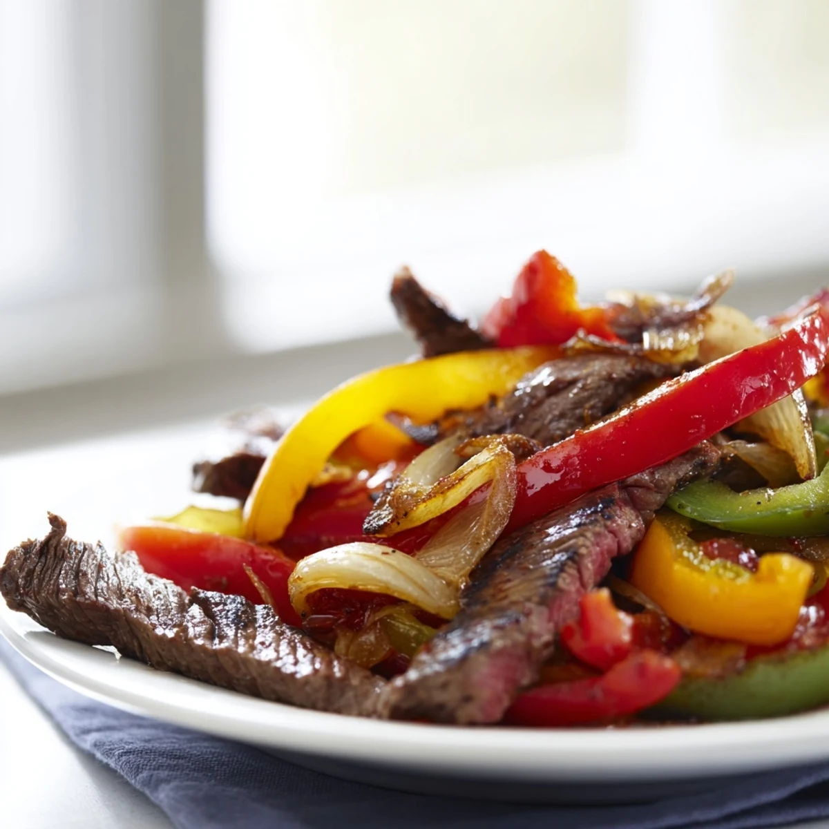 Steaming Beef Fajita Skillet fresh from the pan, garnished with chopped cilantro and bright lime wedges.
