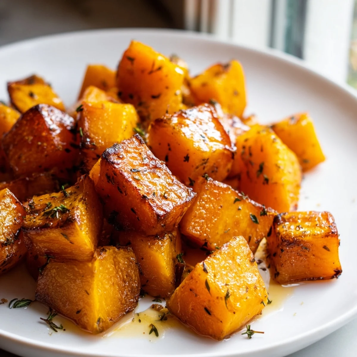 Roasted Squash cubes glisten with olive oil and thyme, roasted to golden perfection on a baking sheet.