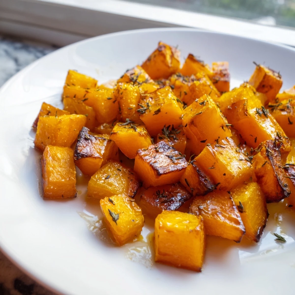 Fork-tender Roasted Squash cubes, lightly drizzled with maple syrup, ready for a holiday feast plate.