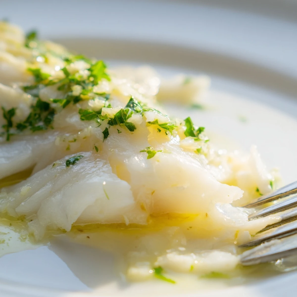 Perfectly flaky Baked Cod with Lemon Butter, served alongside steamed green beans and fragrant rice for a complete meal.  