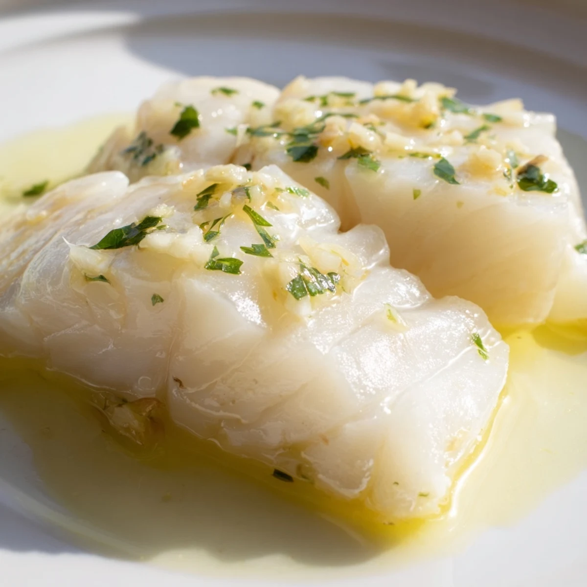 Close-up view of tender Baked Cod with Lemon Butter, topped with melted butter, minced garlic, and bright lemon slices.